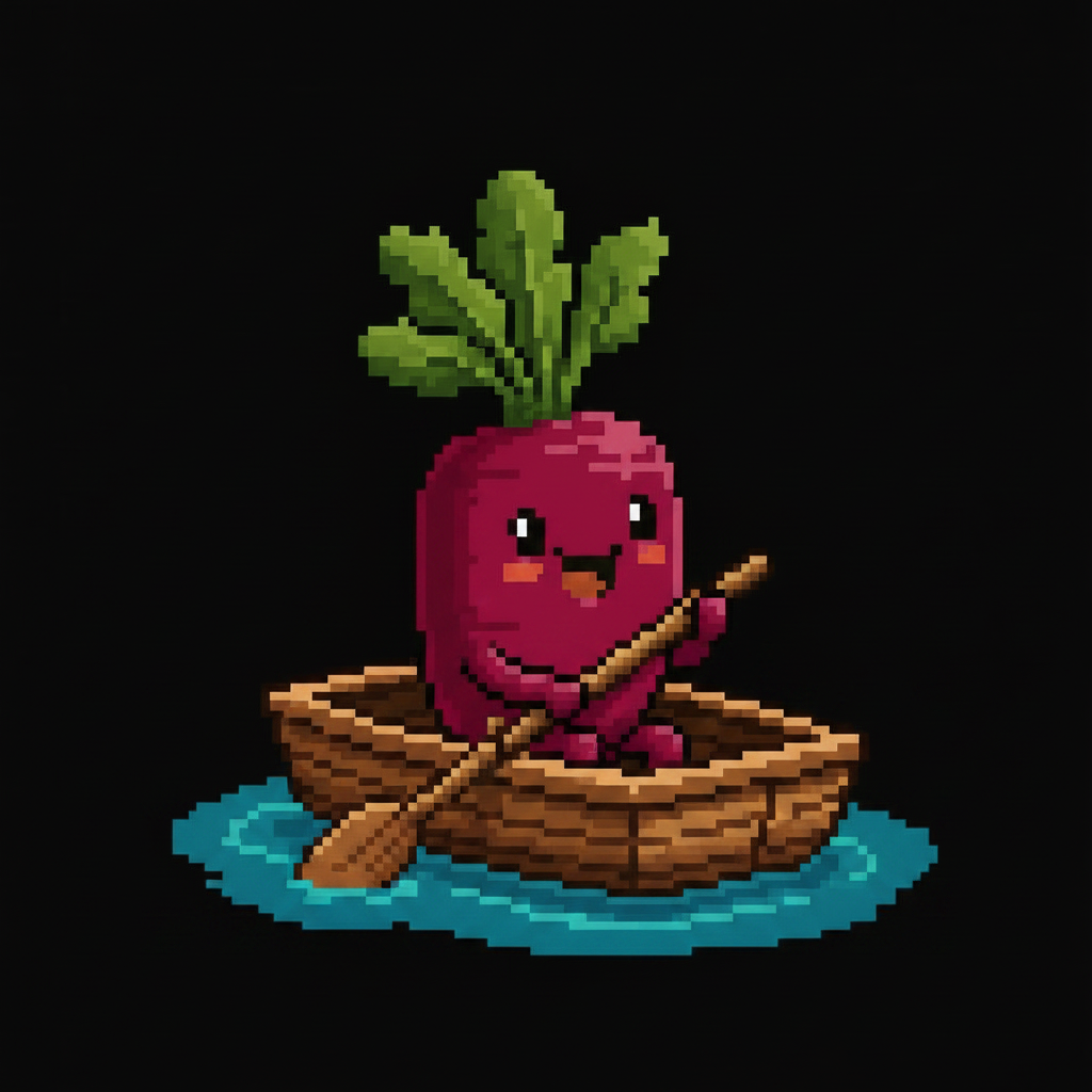 Pixel-art beet character rowing a small boat