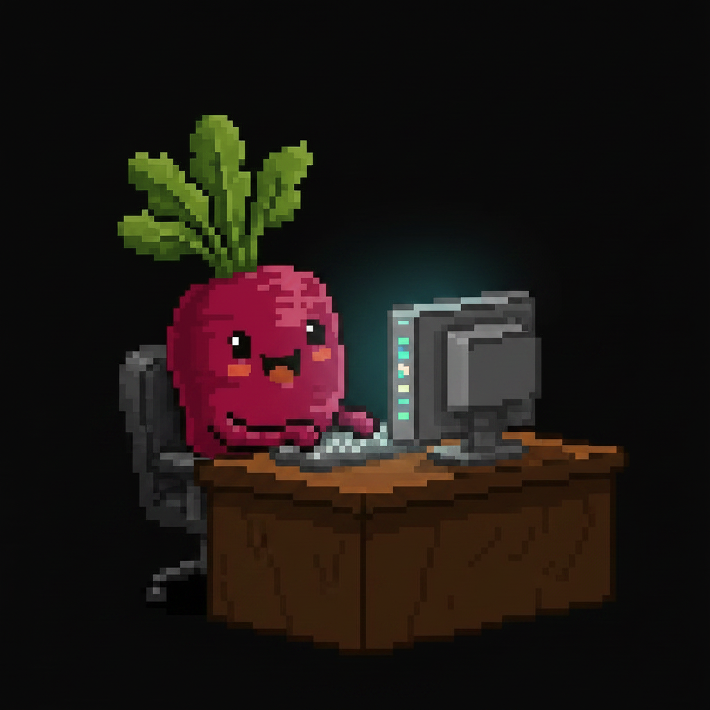 Pixel-art beet character at a desk