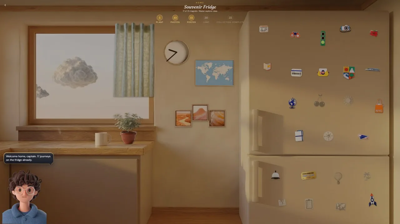 Achievements Souvenir Fridge scene with earned magnets on the fridge