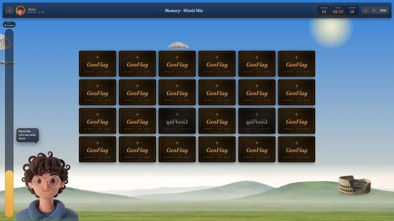 Geo Cards Memory mode with a full grid of face-down cards