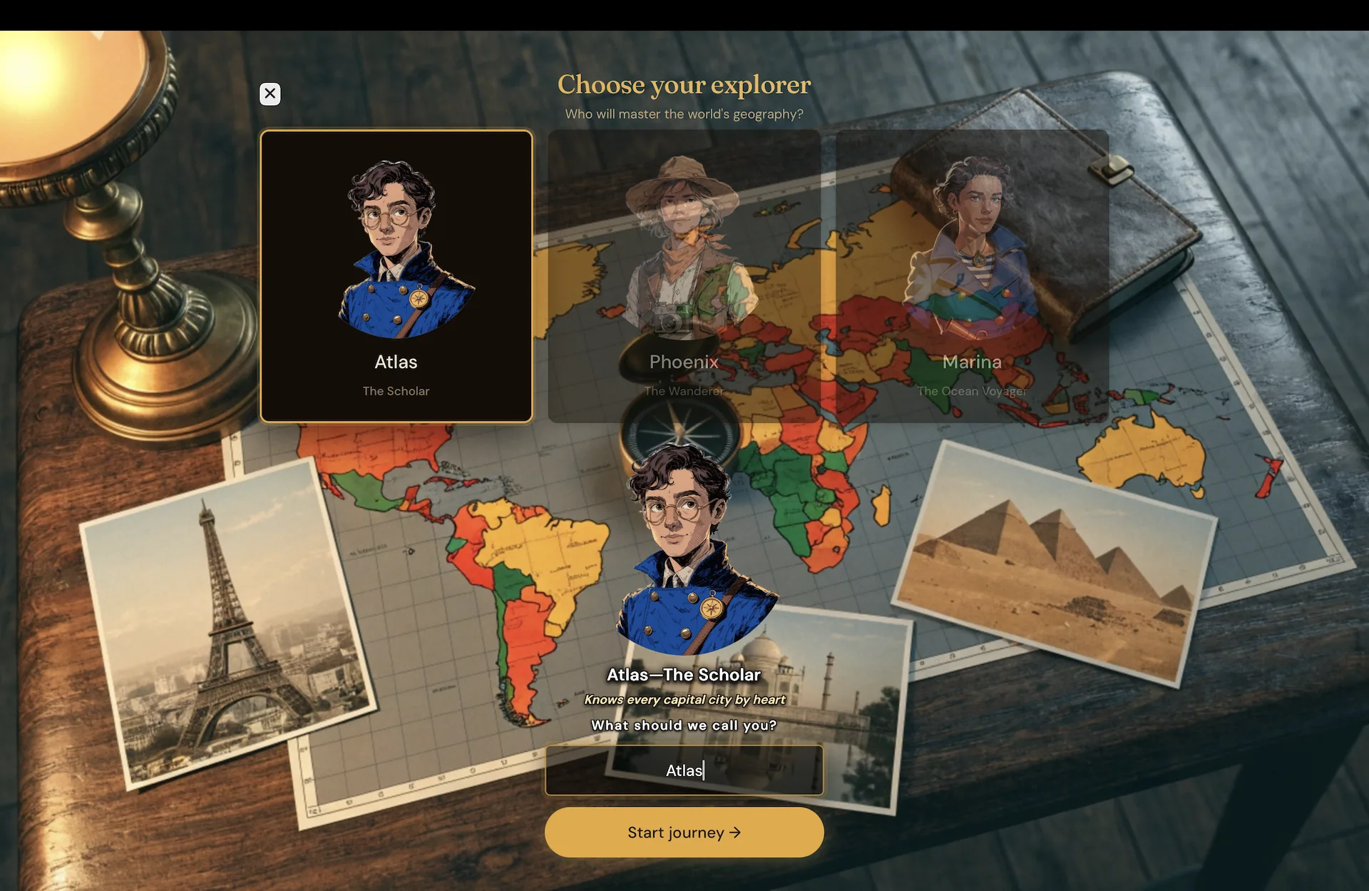 GeoFlag character select screen in the vintage walnut theme
