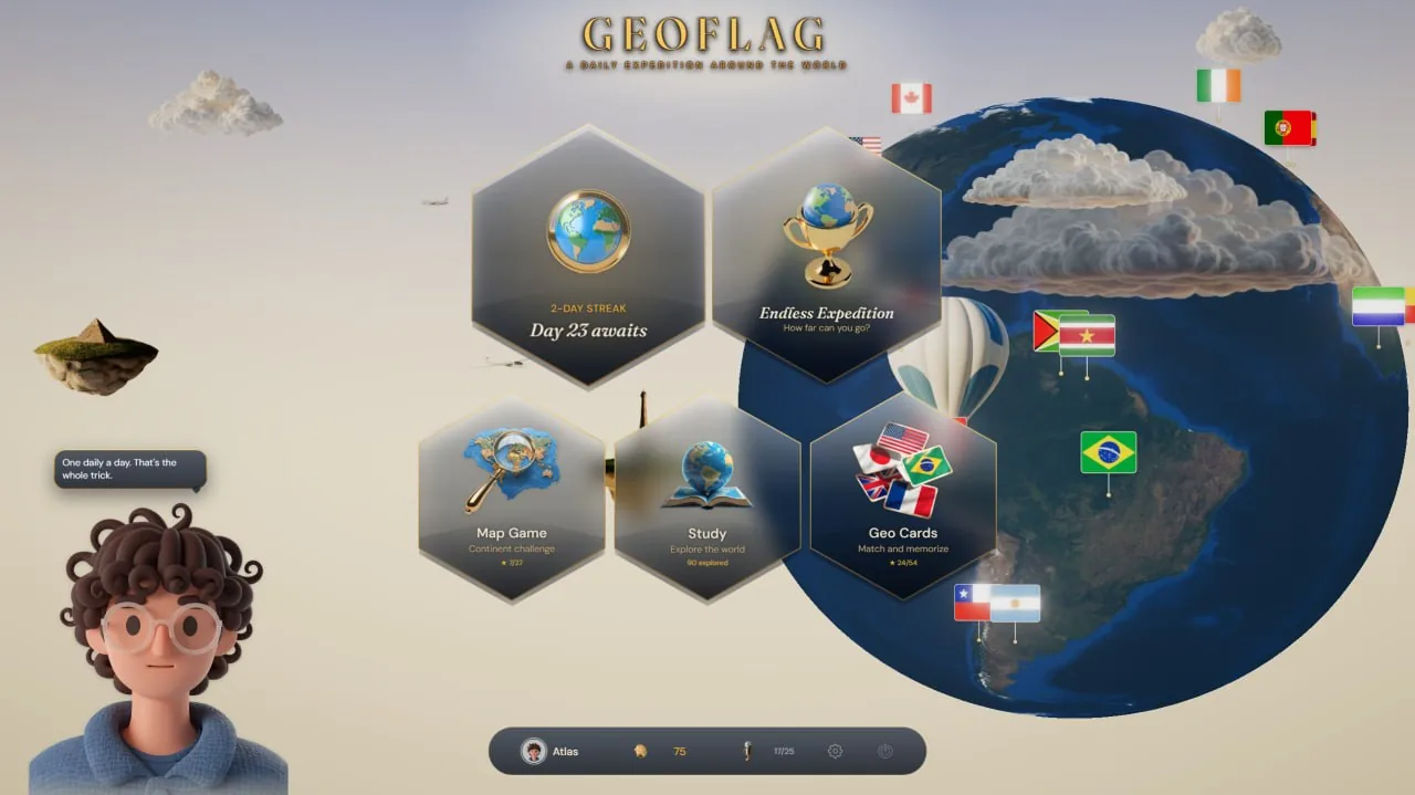 GeoFlag main menu with the live 3D world diorama and all five game modes