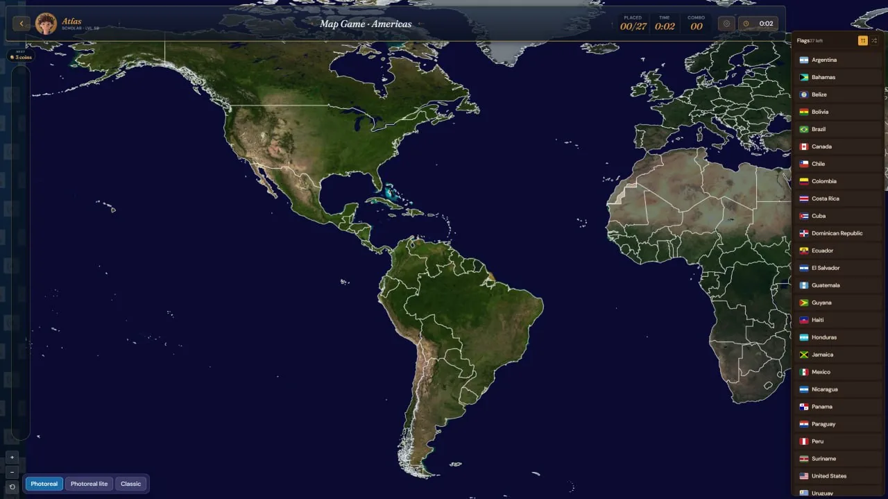 Map Game showing the Americas on the photoreal flat map
