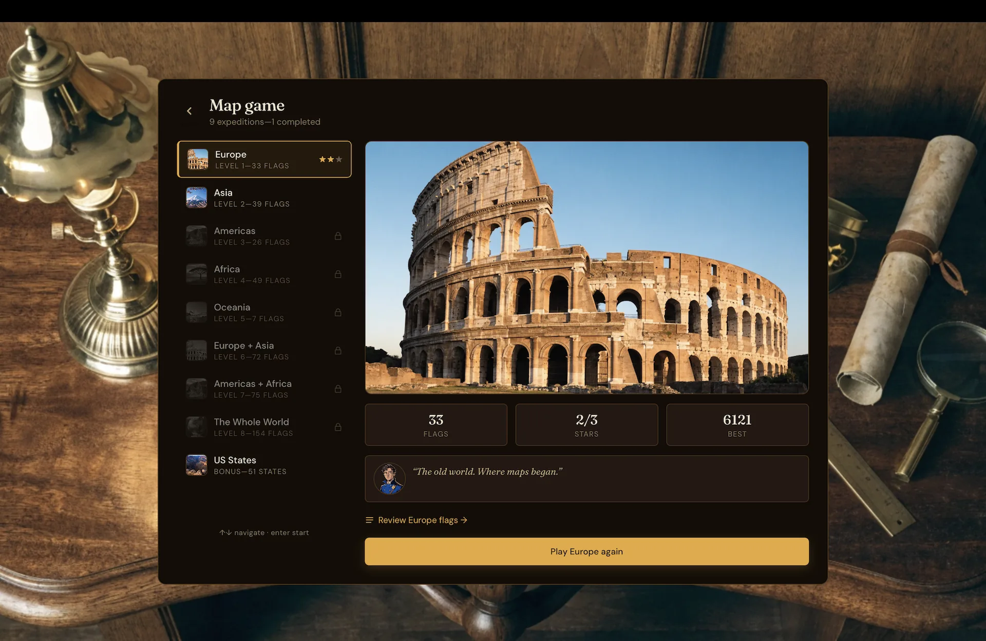 Map Game Europe selection with the Colosseum