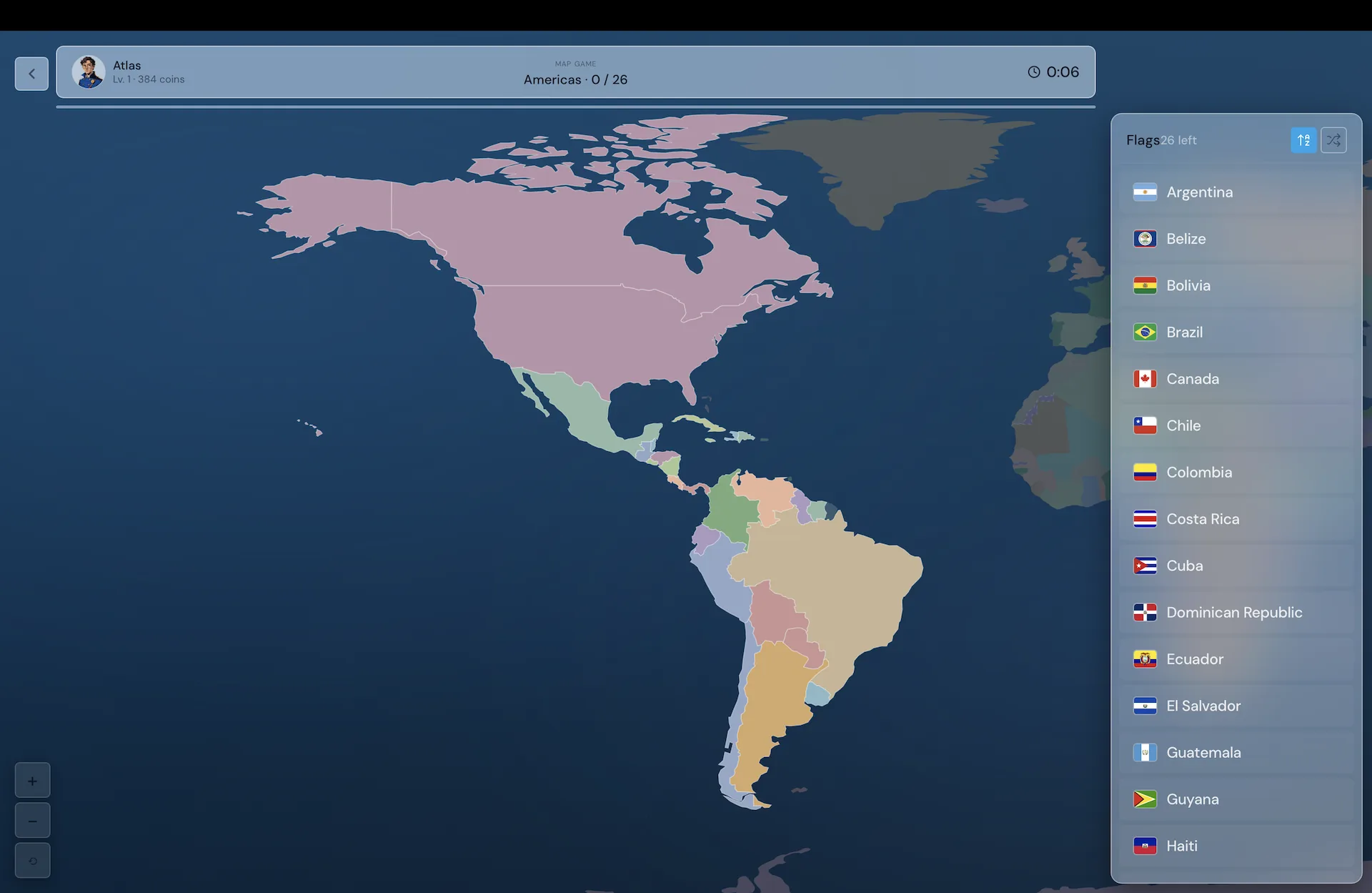 Map Game Americas in the modern frosted glass theme