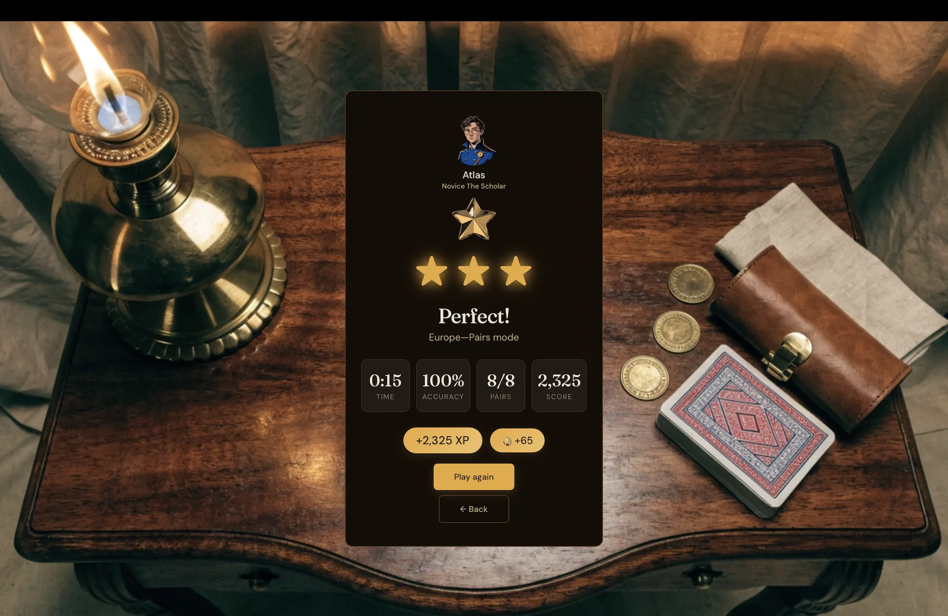 Memory mode result screen showing a perfect score