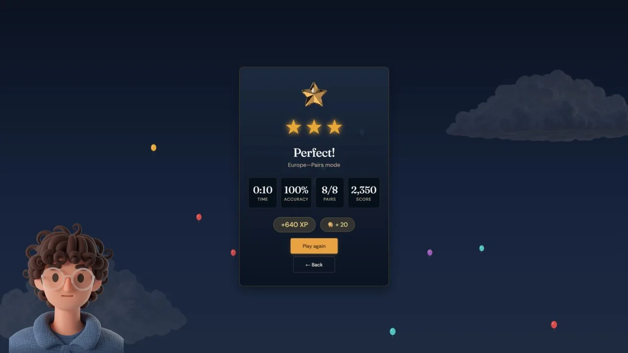 Perfect score result screen with a balloon celebration